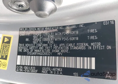 2016 Toyota Highlander Xle V6 z USA, uszkodzony, nr VIN 5TDJKRFH4GS269321